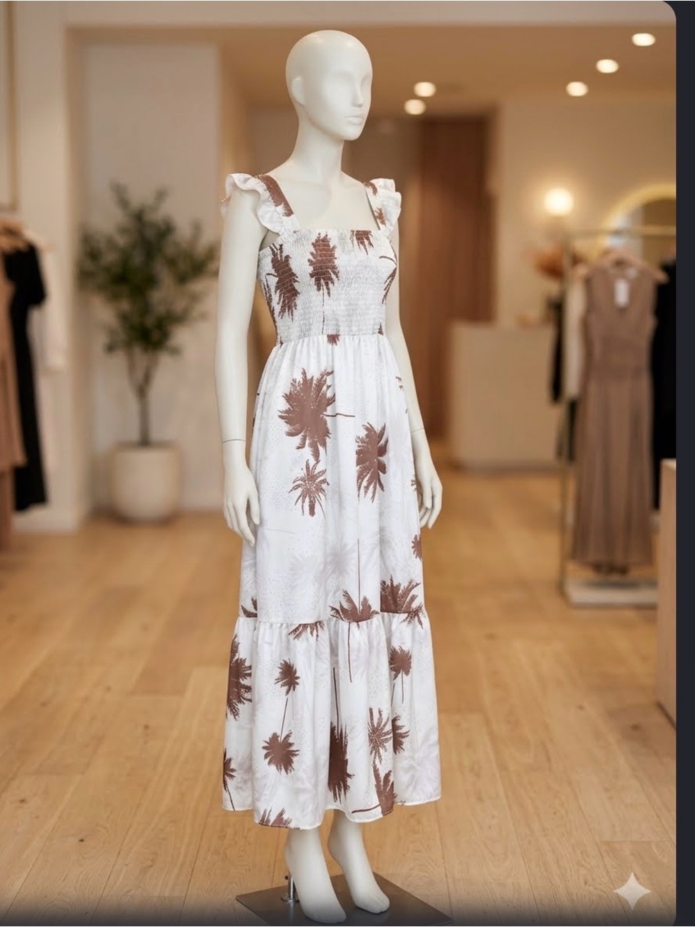 Smocked Square-Neck Maxi Dress in White with Brown Palm Print S/M size